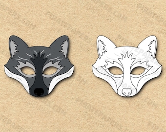 Gray Fox Masks Printable Color + Coloring, Paper DIY For Kids And Adults. PDF Template. Instant Download. Birthdays, Halloween, Costumes.