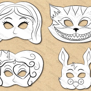 Maschere di Alice nel Paese delle Meraviglie da Stampare e Colorare, Alice, Bianconiglio, Stregatto, Regina di Cuori. Carta Fai da Te Bambini Adulti Scarica. Halloween.