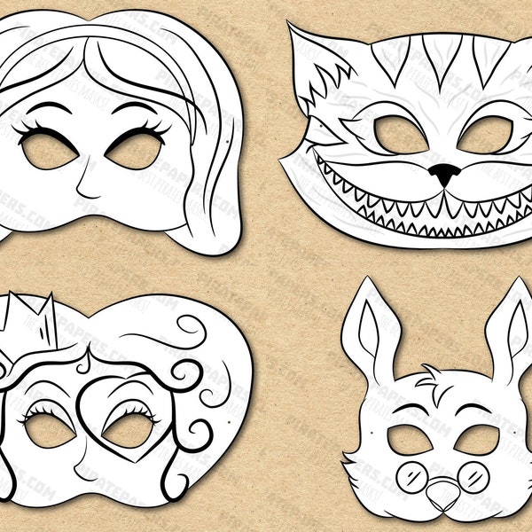 Máscaras de Alicia en el País de las Maravillas para imprimir, colorear, Alicia, Conejo Blanco, Gato de Cheshire, Reina de Corazones. Descarga de papel DIY para niños y adultos. Víspera de Todos los Santos.