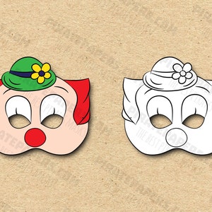 Сircus Clown Masks Color + Coloring Printable, Paper DIY For Kids And Adults. PDF Template. Instant Download. Birthdays, Halloween, Party.