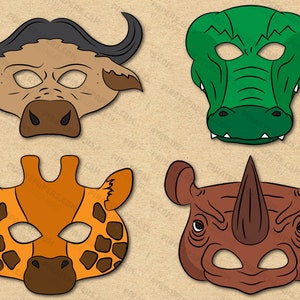 African Animals 2 Masks Printable, Rhino, Buffalo, Crocodile, Giraffe. Paper DIY Kids Adults. PDF Template Download. Halloween, Birthdays.