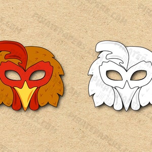 Rooster Masks Printable Color + Coloring, Сoock, Сhicken, Paper DIY For Kids And Adults. PDF Template. Instant Download. For Halloween.
