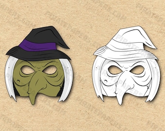 Witch Masks Printable Color + Coloring, Paper DIY For Kids And Adults. PDF Template. Instant Download. For Birthdays, Halloween, Costumes.