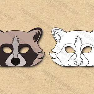 Raccoon Masks Printable Color + Coloring, Paper DIY For Kids And Adults. PDF Template. Instant Download. For Birthday, Halloween, Costumes.
