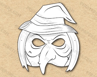 Witch Mask Printable Coloring, Paper DIY For Kids And Adults. PDF Template. Instant Download. For Birthdays, Halloween, Party, Costumes.