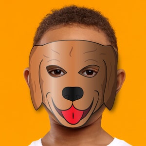 May include: A child wearing a brown dog mask with a red tongue sticking out. The mask has black eyes and a black nose.