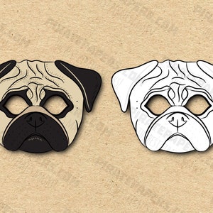 Máscaras Pug para impressão em cores + coloração, papel DIY para crianças e adultos. Modelo PDF. Download instantâneo. Para aniversários, Halloween, fantasias.
