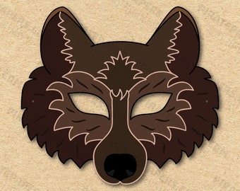 Brown Wolf Mask Printable, Paper DIY For Kids And Adults. PDF Template. Instant Download. For Birthdays, Halloween, Party, Costumes.