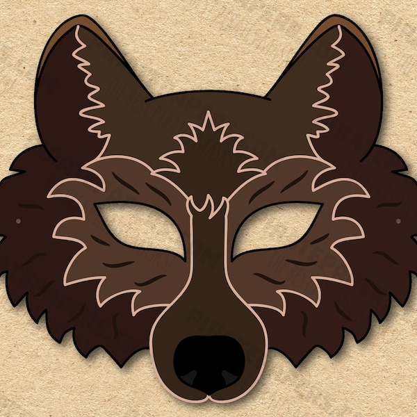 Brown Wolf Mask Printable, Paper DIY For Kids And Adults. PDF Template. Instant Download. For Birthdays, Halloween, Party, Costumes.