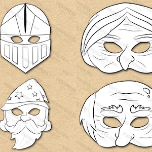 Fairy Tale 2 Masks Printable Coloring, Wizard, Knight, Old Woman, Old Man. Paper DIY Kids Adults PDF Template Download. Halloween Birthdays.