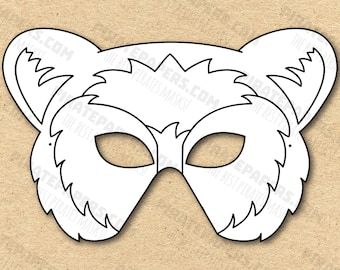 Máscara de oso para colorear imprimible, papel DIY para niños y adultos. Plantilla PDF. Descarga instantánea. Para cumpleaños, Halloween, fiestas, disfraces.