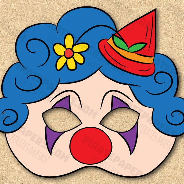 Сircus Clown #2 Printable Mask, Paper DIY For Kids And Adults. PDF Template. Instant Download. For Birthdays, Halloween, Party, Costumes.