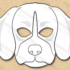 Máscara de Beagle para cães, raça para colorir para impressão, papel DIY para crianças e adultos. Modelo PDF. Download instantâneo. Para aniversários, Halloween, festa.