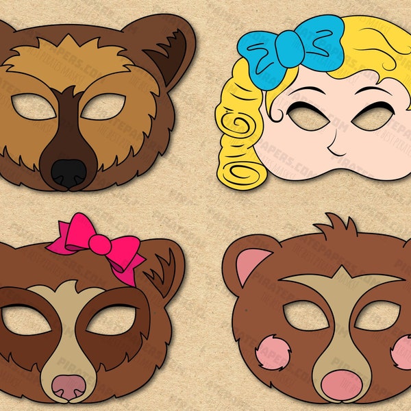 Goldilocks And The Three Bears Masks Printable, Papa Bear, Mama Bear, Little Bear, Paper DIY For Kids And Adults. PDF Template. Download.