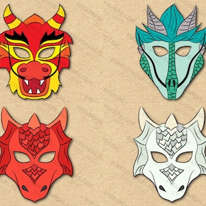 Dragons 2 Masks Printable, Chinese Dragon, Kind Dragon, Red Dragon, White Dragon. Paper DIY Kids Adults PDF Template Download. Halloween.