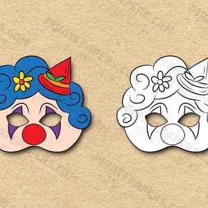 Сircus Clown #2 Masks Printable Color + Coloring, Paper DIY For Kids And Adults. PDF Template. Instant Download. For Birthdays, Halloween.