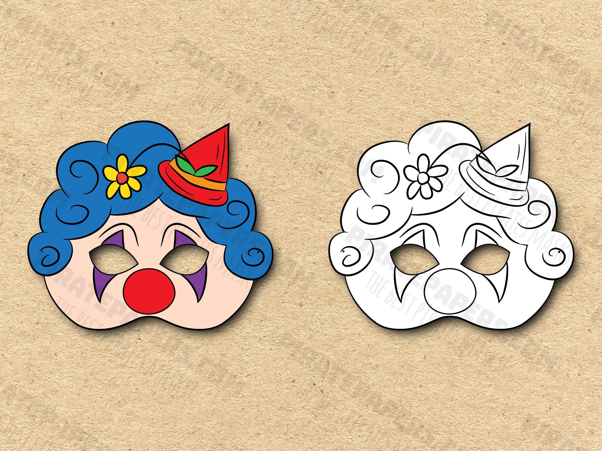 Сircus Clown #2 Masks Printable Color + Coloring, Paper DIY