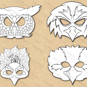 Birds Masks Printable Coloring, Owl, Peacock, Eagle, Kookaburra, Paper DIY Kids Adults. PDF Template. Instant Download. Halloween, Birthdays