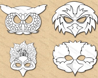 Birds Masks Printable Coloring, Owl, Peacock, Eagle, Kookaburra, Paper DIY Kids Adults. PDF Template. Instant Download. Halloween, Birthdays