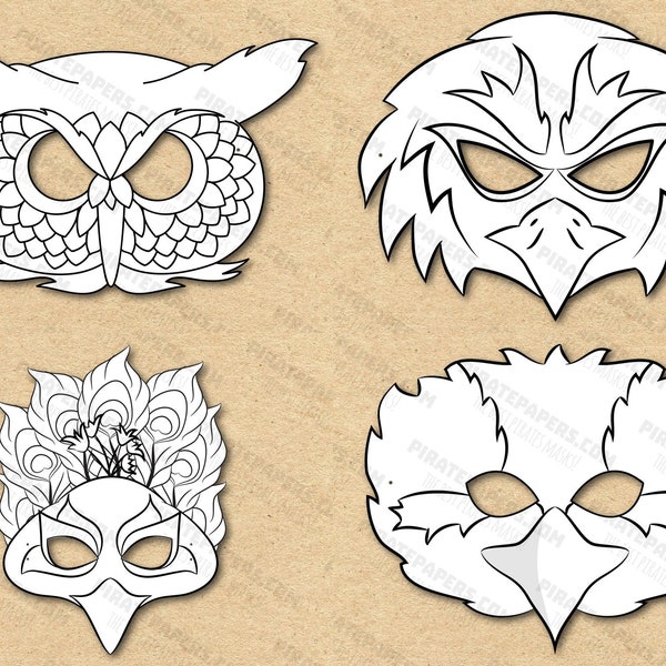 Birds Masks Printable Coloring, Owl, Peacock, Eagle, Kookaburra, Paper DIY Kids Adults. PDF Template. Instant Download. Halloween, Birthdays