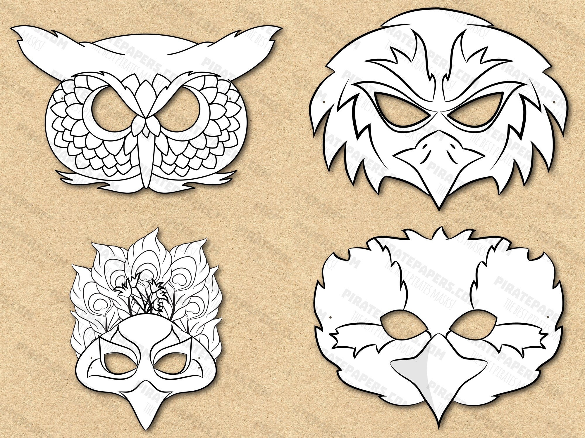 Birds Masks Printable Coloring, Owl, Peacock, Eagle, Kookaburra, Paper DIY Kids Adults. PDF Template. Instant Download. Halloween, Birthdays