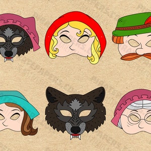 May include: Six printable paper masks featuring characters from the fairy tale Little Red Riding Hood. The masks include Little Red Riding Hood, the wolf, the grandmother, and the huntsman. The masks are all in color and have a cartoon style.