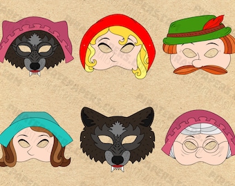 Máscaras imprimibles de Caperucita Roja: Madre, Abuela, Lobo Feroz, Leñador (Plantilla PDF)