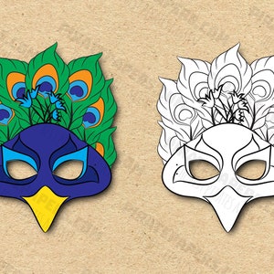 Peacock Masks Printable Color + Coloring, Paper DIY For Kids And Adults. PDF Template. Instant Download. For Birthdays, Halloween, Costumes.