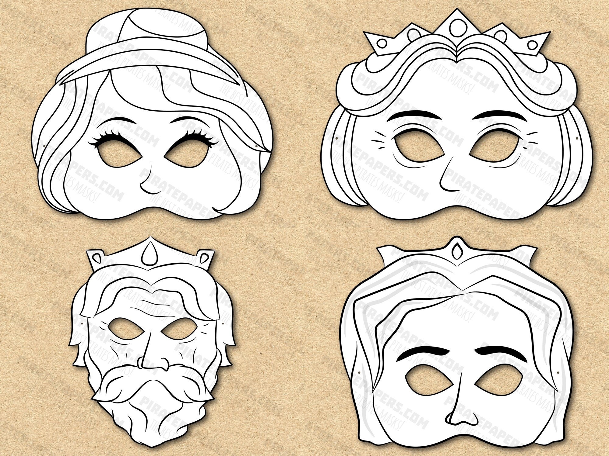 Fairy Tale Masks Printable Coloring, Cinderella, Prince, King, Queen Mother. Paper DIY Kids Adults PDF Template Download Halloween Birthdays