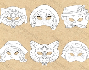 Little Red Riding Hood Masks Printable Coloring, Mother, Grandma, Big Bad Wolf, Wolf Disguised as Grandma, Woodcutter, PDF Template.