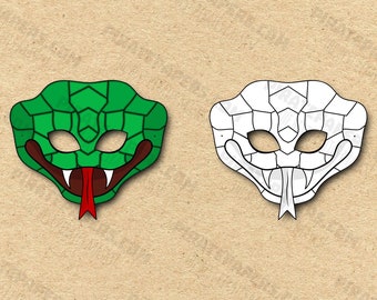 Snake Masks Printable Color + Coloring, Paper DIY For Kids And Adults. PDF Template. Instant Download. For Birthdays, Halloween, Costumes.