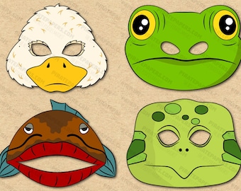 Pond Animals Masks Printable, Catfish, Frog, Turtle, Duck. Paper DIY Kids Adults PDF Template Instant Download Halloween Birthdays Costumes.