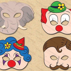 Circus Masks Printable, Clown, Clown 2, Athlete, Elephant. Paper DIY Kids Adults PDF Template Instant Download. Halloween Birthdays Costumes