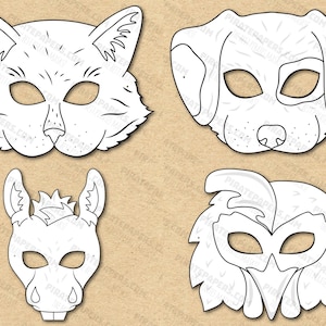 Farm And Barnyard Animals 3 Masks Printable Coloring, Cat, Dog, Donkey, Rooster (Сoock, Сhicken), Paper DIY Kids Template Download Halloween