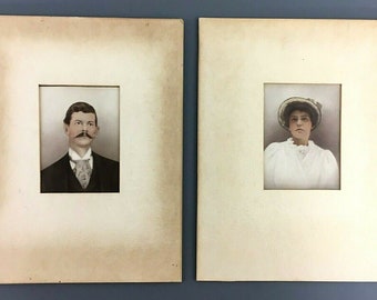 c1900s Lot of 2 Antique Tinted Portrait Photographs of Man /& Woman Mustache Bonnet Matted