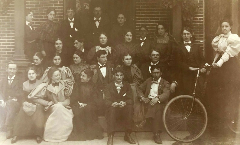 1910s Young Men /& Women Cabinet Photograph Woman on Bicycle Bow Ties Social Club