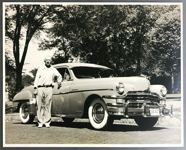 Classic Car 1940s Chrysler Royal Photograph Man with Cigar in Driveway Whitewall Tires