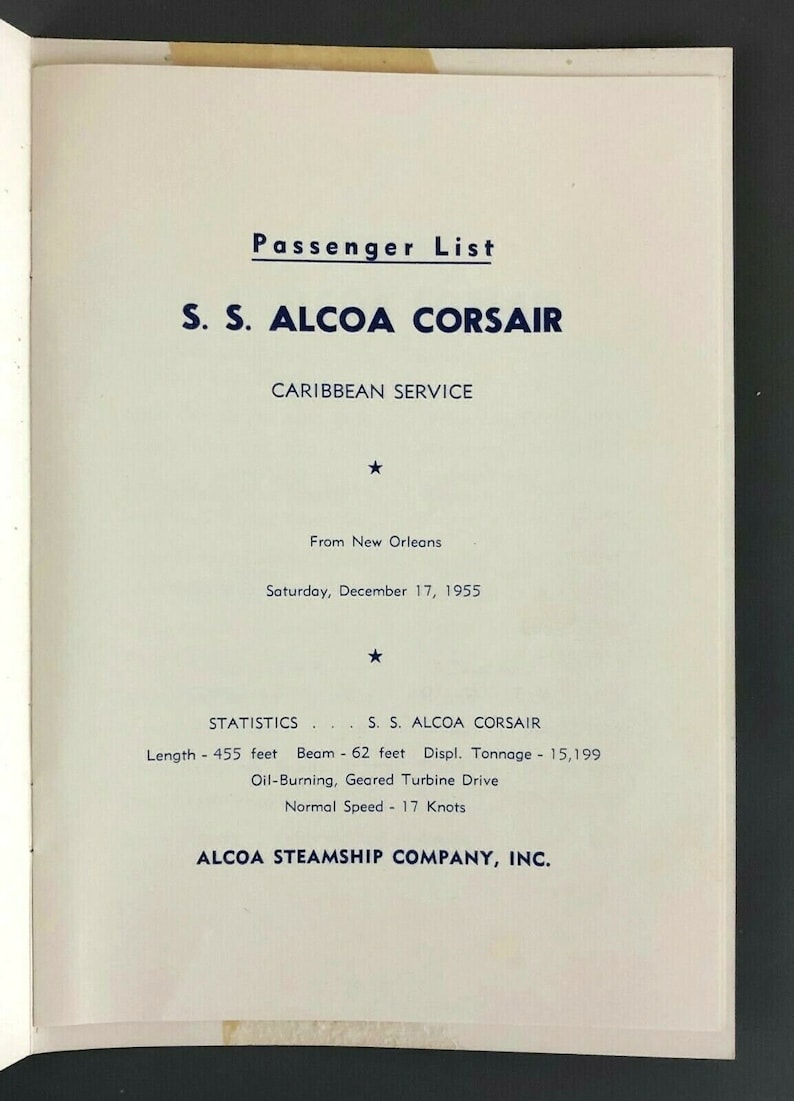 SS Corsair Caribbean Service 1955 Alcoa Steamship Company Passenger List