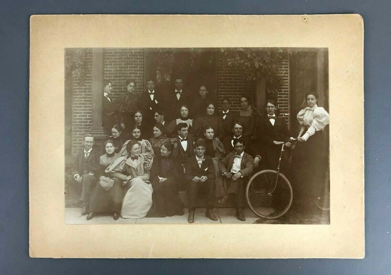 1910s Young Men /& Women Cabinet Photograph Woman on Bicycle Bow Ties Social Club