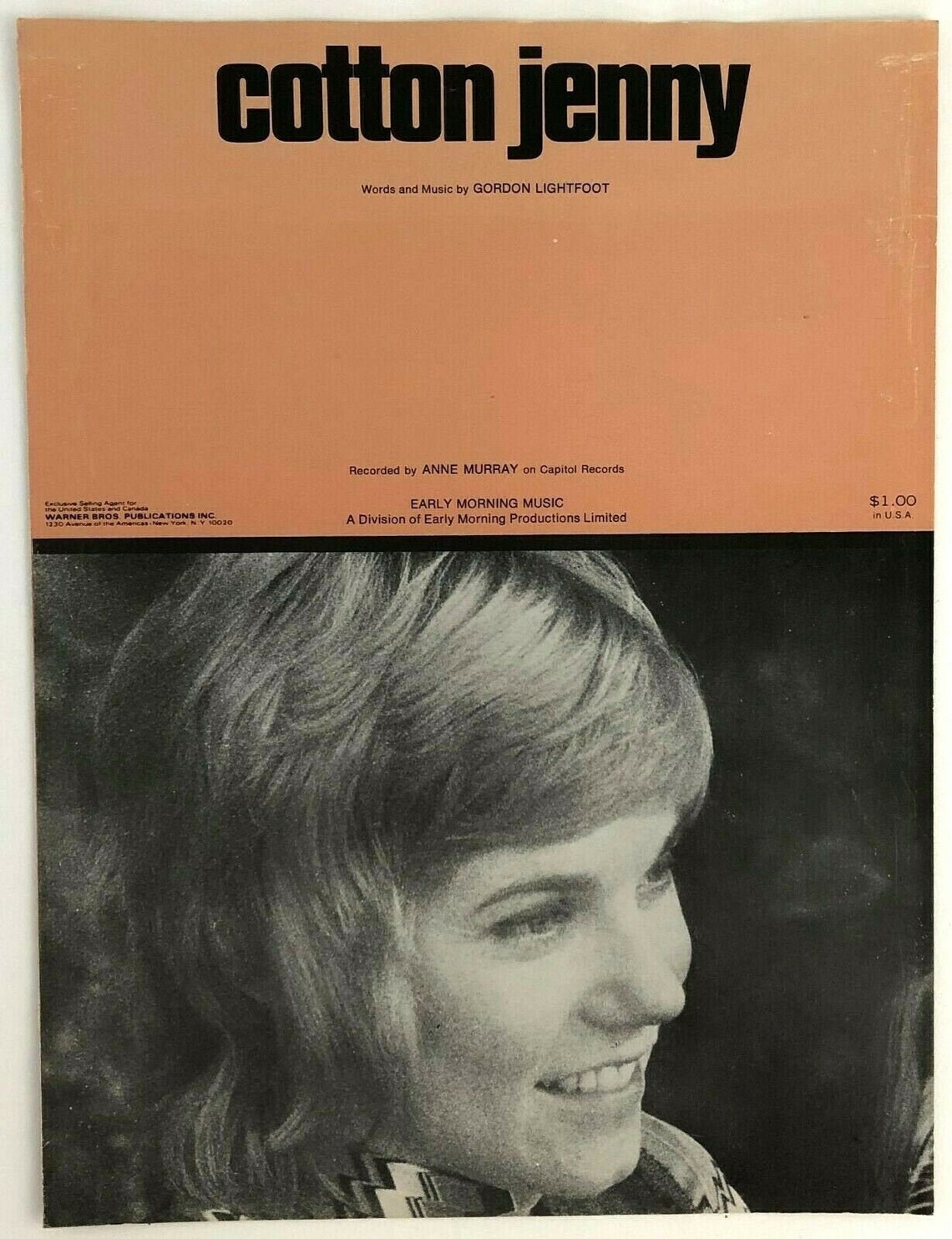 1971 Cotton Jenny Recorded by Anne Murray Sheet Etsy
