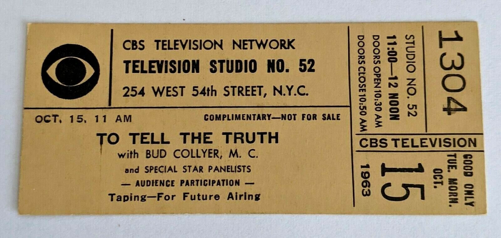 1963 To Tell The Truth Audience Ticket CBS Television Bud Etsy