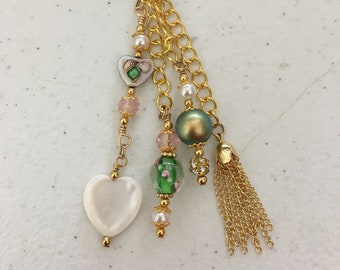 Gold Chain Handbag, Purse Charm/Keychain  in greens, pinks and pearl with tassel