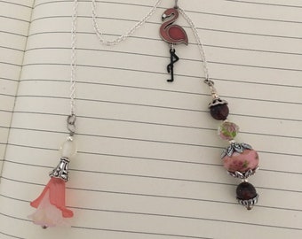 Silver Chain Bookmark with pink flamingo in a flower bed of beading