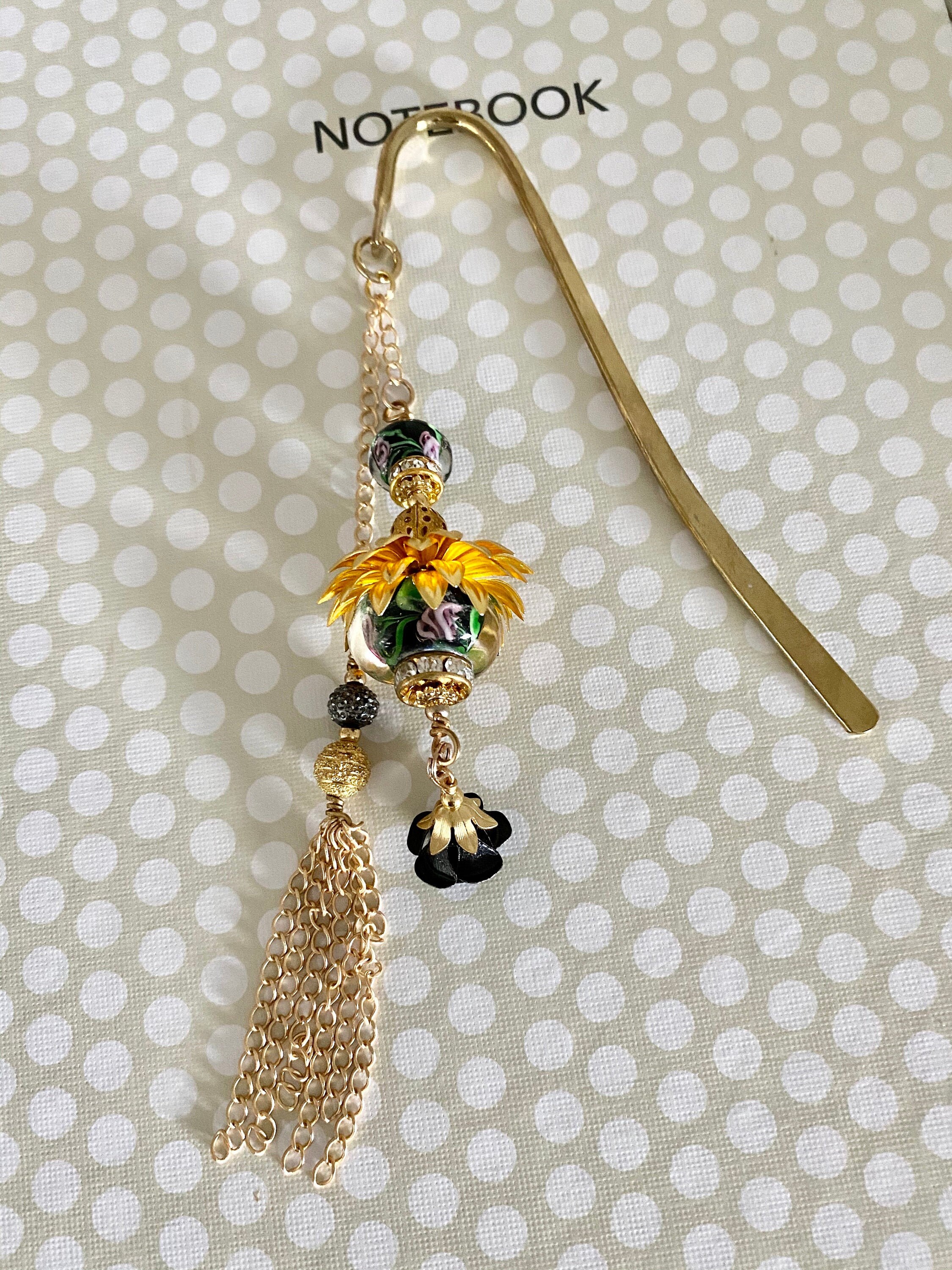 Gold Hook Bookmark with black accent beading and flower