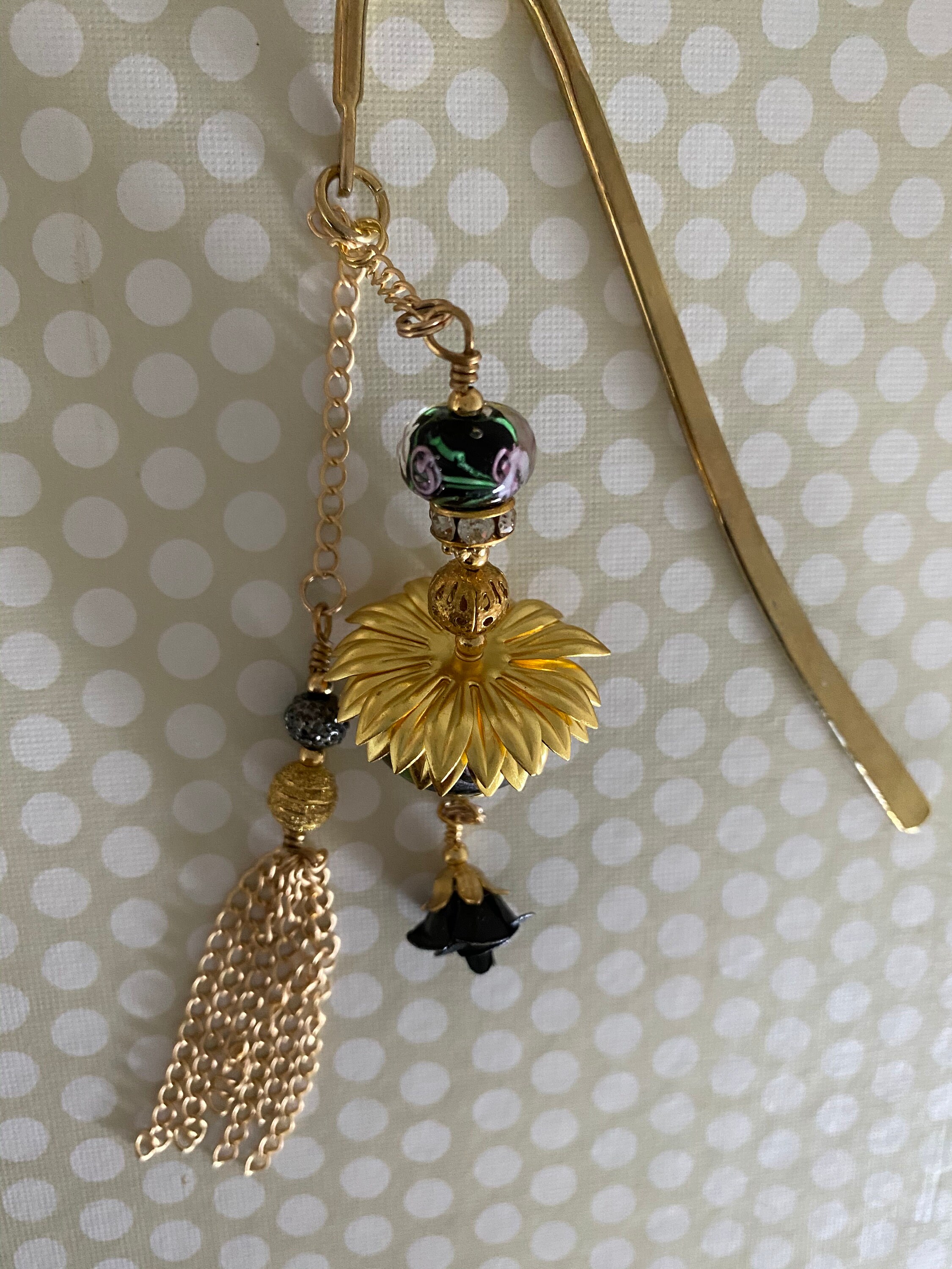 Gold Hook Bookmark with black accent beading and flower