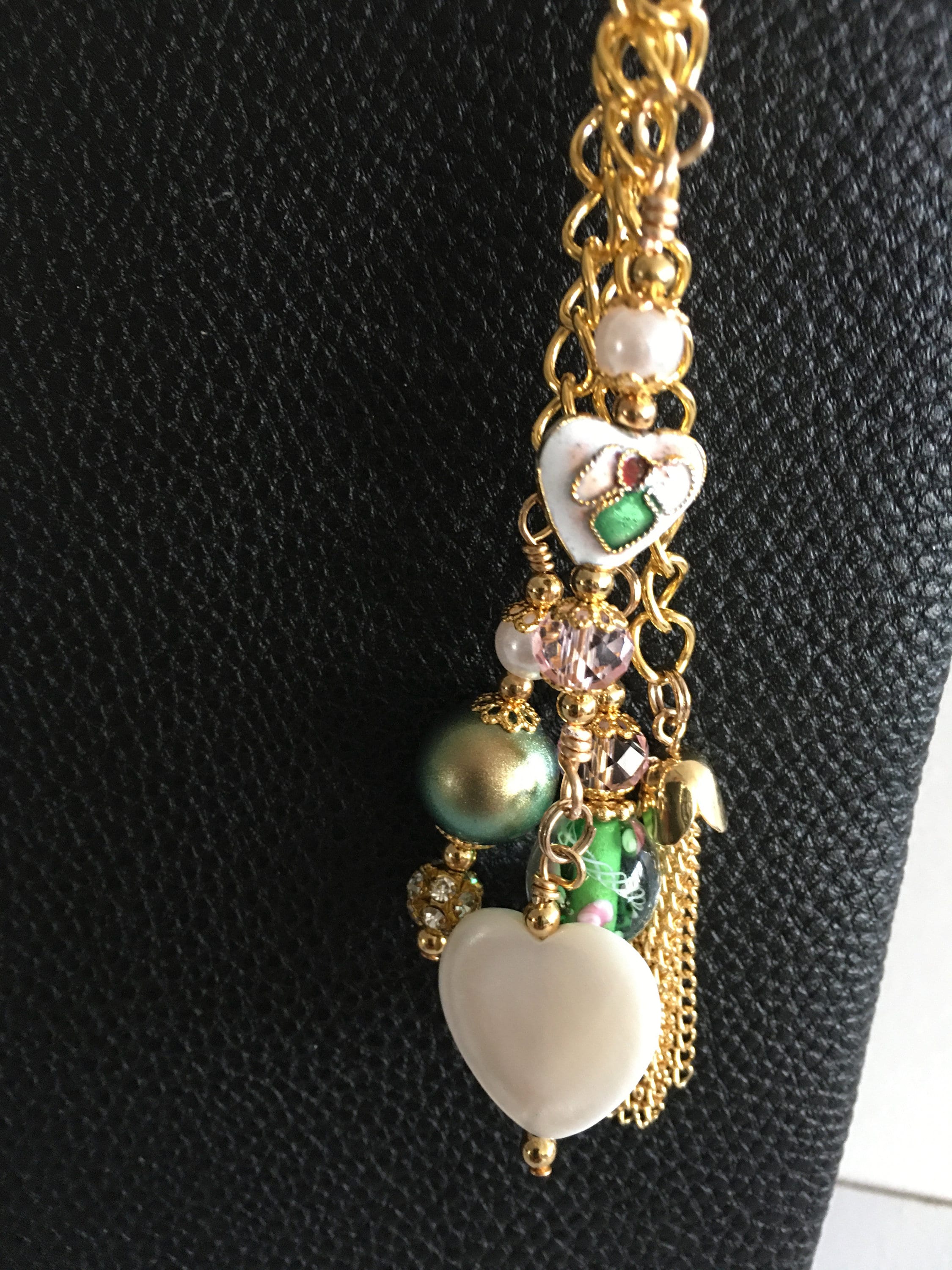 Gold Chain Handbag, Purse Charm/Keychain in greens, pinks and pearl