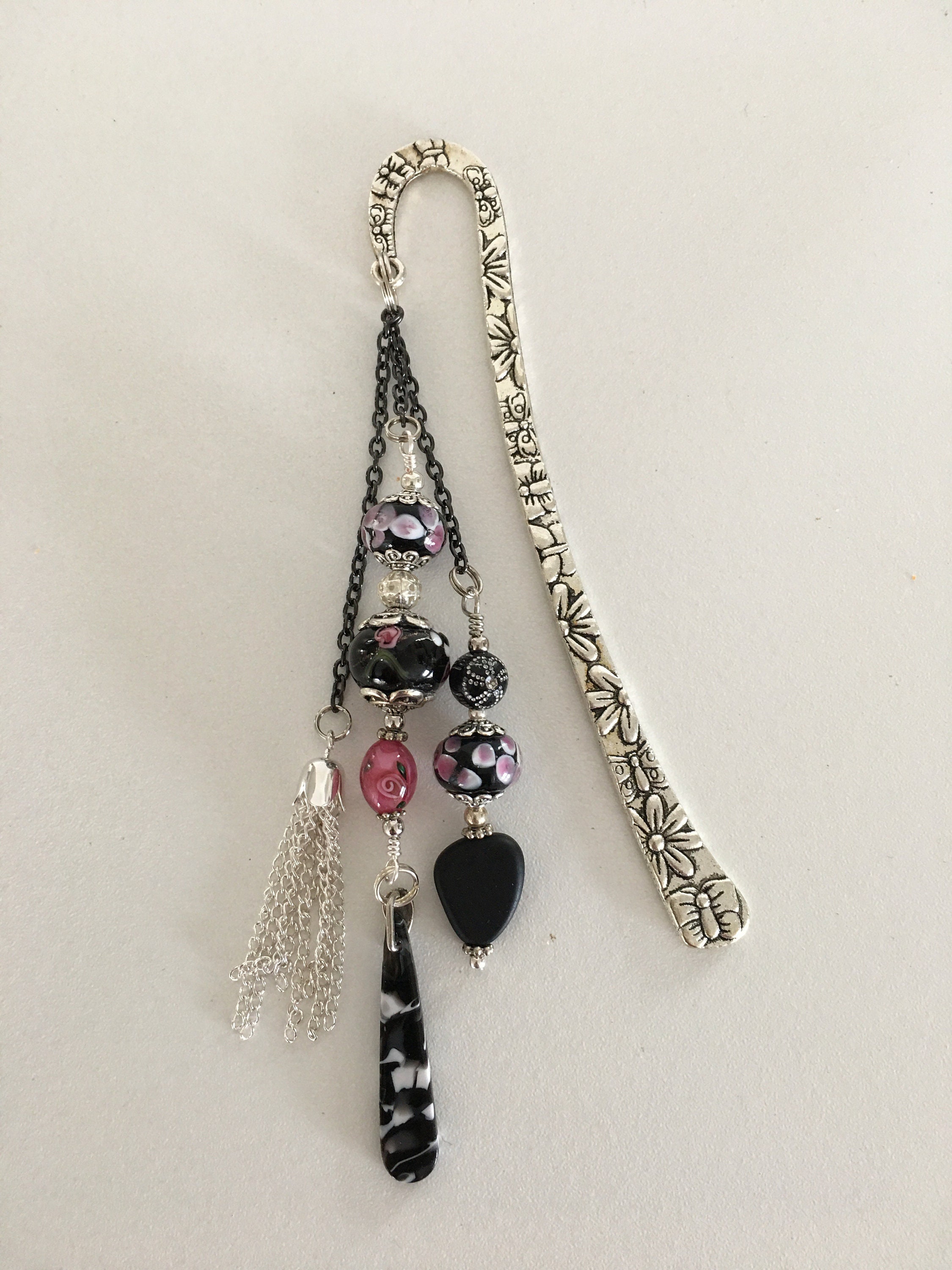 Silver Hook Bookmark With Lampworked flower beading adorned with a