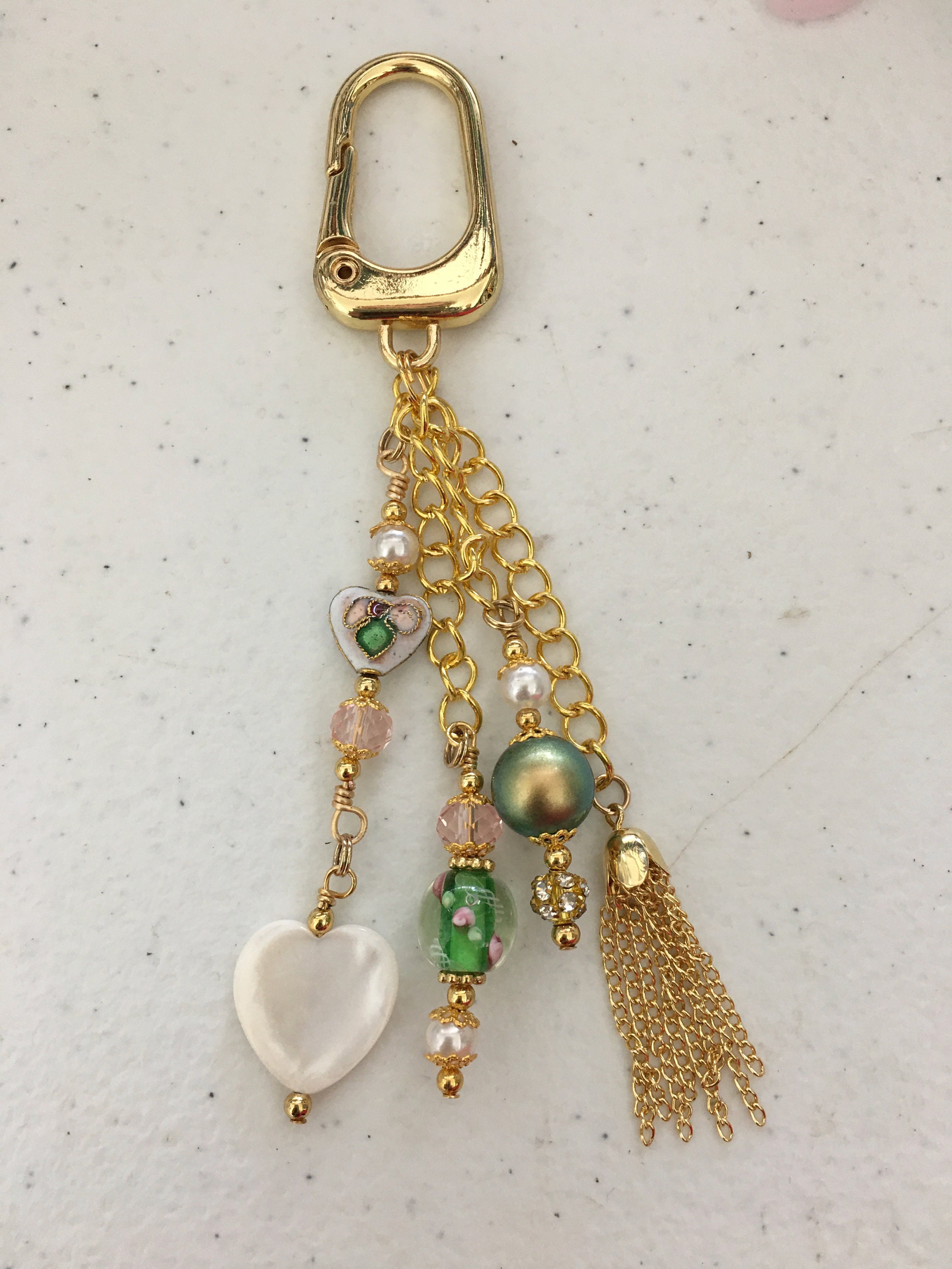 Gold Chain Handbag, Purse Charm/Keychain in greens, pinks and pearl