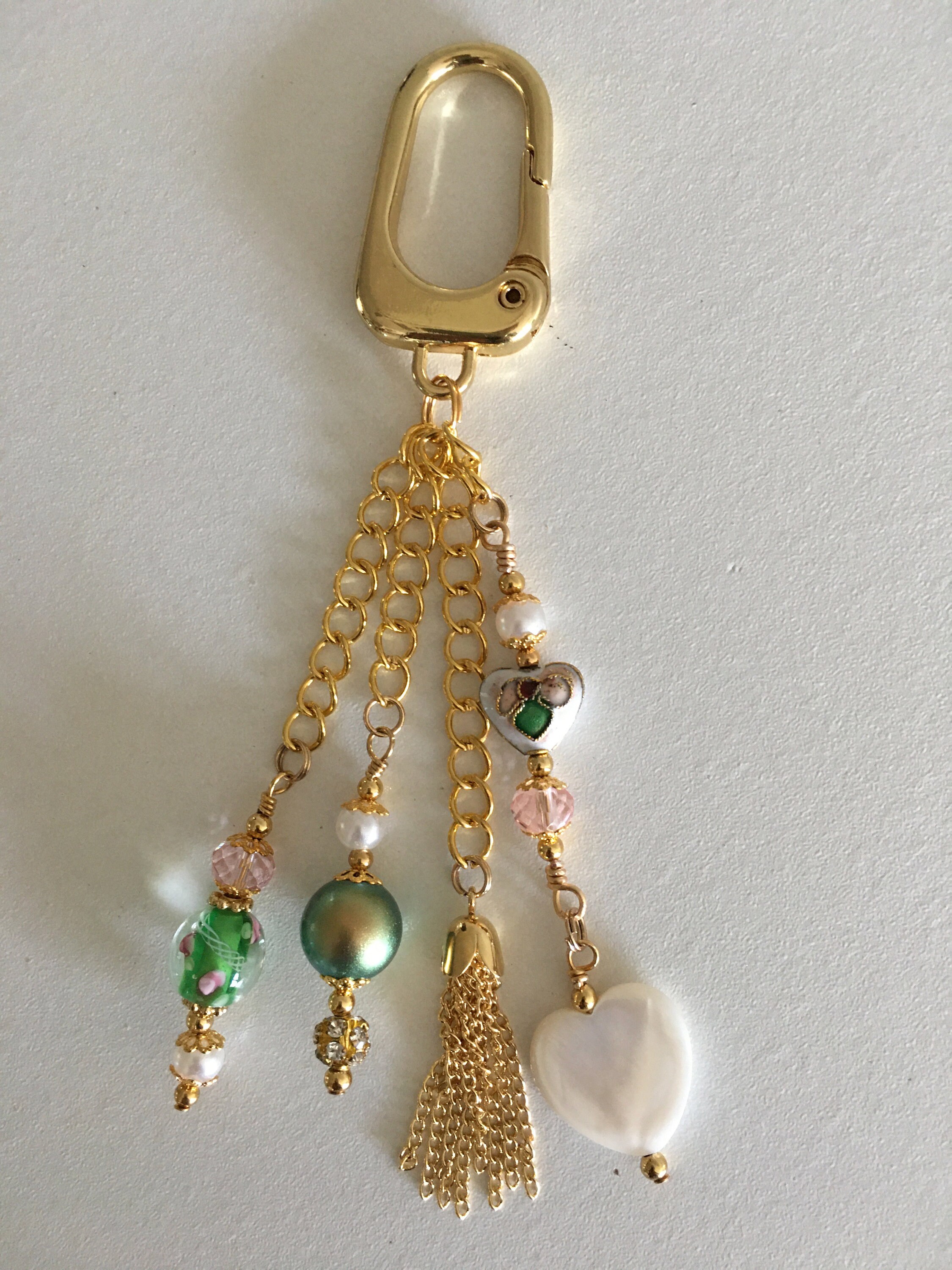 Gold Chain Handbag, Purse Charm/Keychain in greens, pinks and pearl with tassel