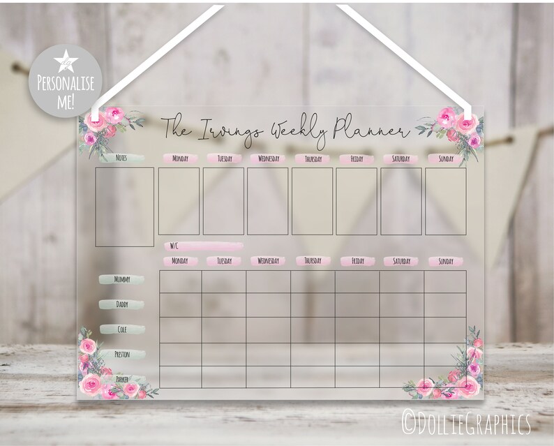 PINK FLOWER A3 Personalised Customise Family Wall Planner FREE pen Weekly Planner Monthly Planner Organiser Organised Reusable Weekly Planner